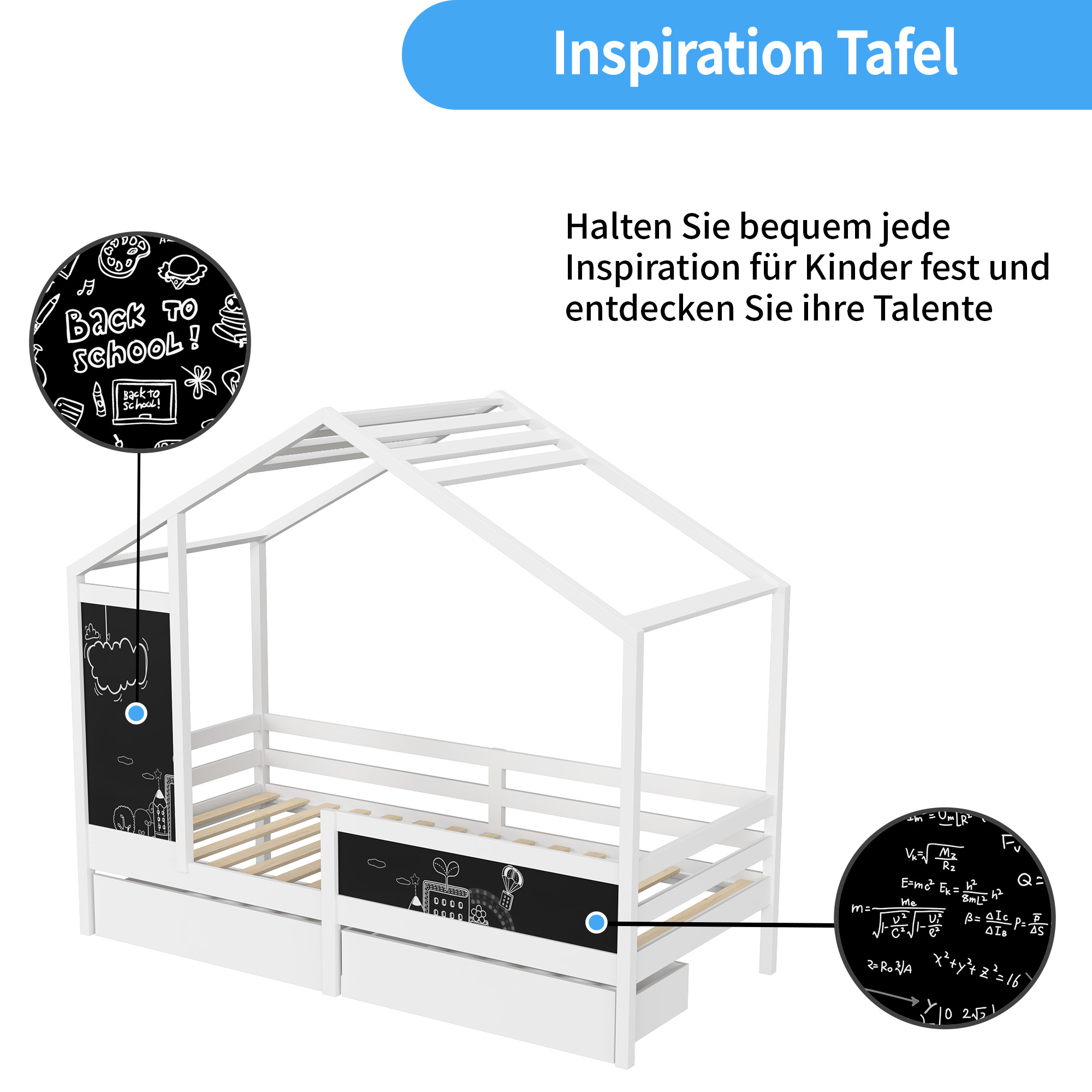 Casa cama infantil 90 x 200 cm, cama de madera con pizarra y 2 cajones, madera maciza con valla y somier de láminas
