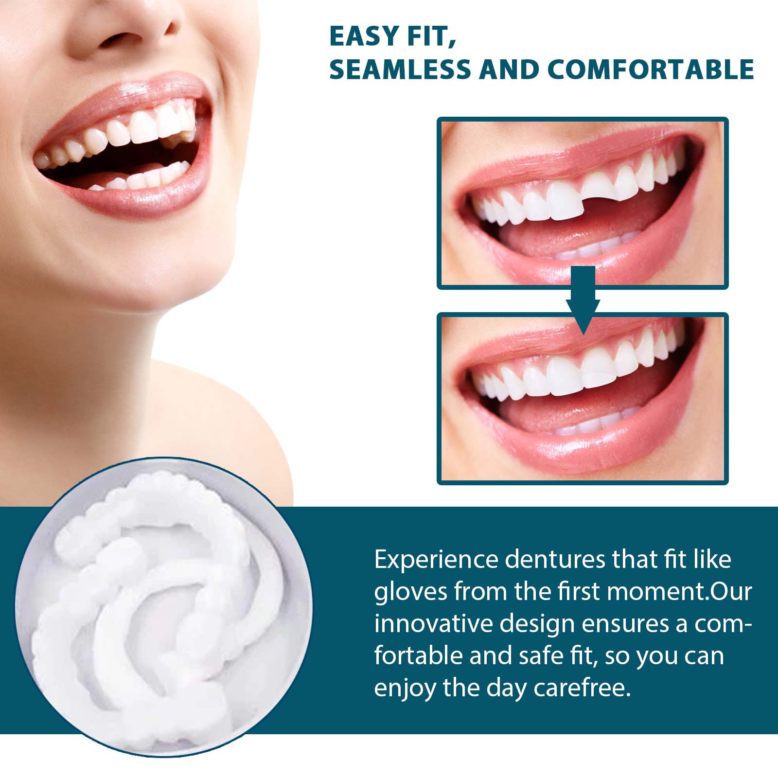 2 pares de dentaduras postizas, dientes cosméticos, dientes artificiales reutilizables, sonrisa temporal, chapa superior y inferior de dientes postizos