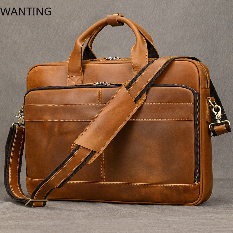 Bolsos de hombro de piel de vaca auténtica para hombre, bolso de negocios para ordenador portátil de 15,6, 16 y 17,3 pulgadas, maletín Vintage para hombre