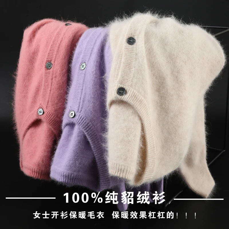 Áo Cardigan Nữ Size Lớn Ấm Chồn Nguyên Chất Cashmere Áo Len Cổ Tròn Áo Khoác Form RộNg Nữ Áo Len Nữ Áo Chắc Chắn Đan Dây Cổ Tim