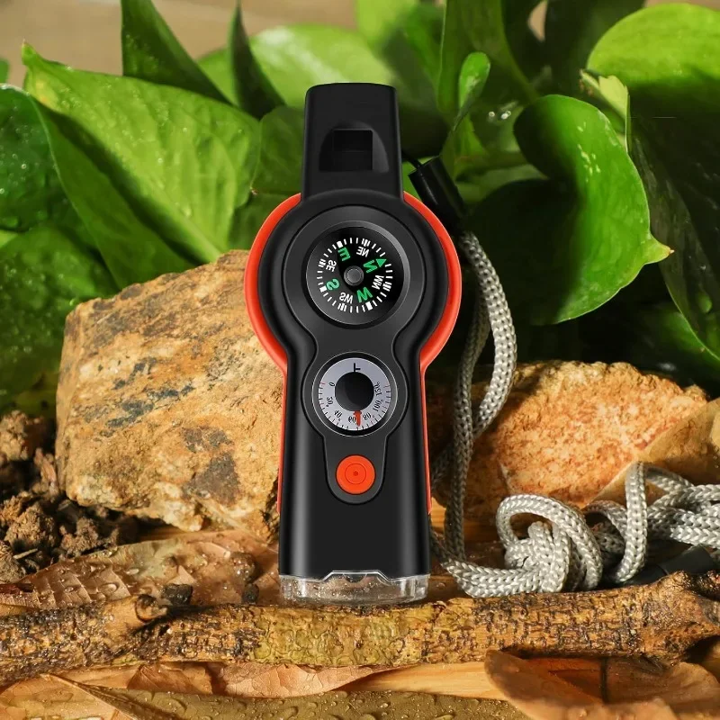 7in1 Notfall-Überlebensfunktionspfeife, multifunktionale Überlebenspfeife für den Außenbereich mit Umhängeband, Kompass, Taschenlampe, Camping, Wandern