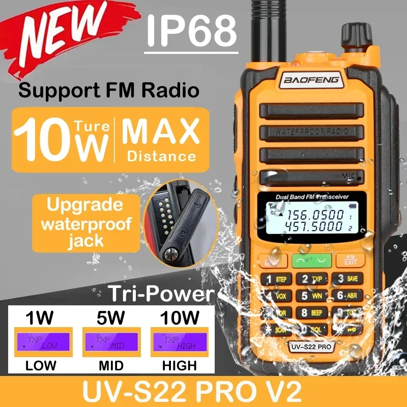 2025 Baofeng UV S22 PRO V2 IP68 impermeable 10W potencia Walkie Talkie tipo C cargador Radio FM UHF VHF actualización de largo alcance UV-9R Plus