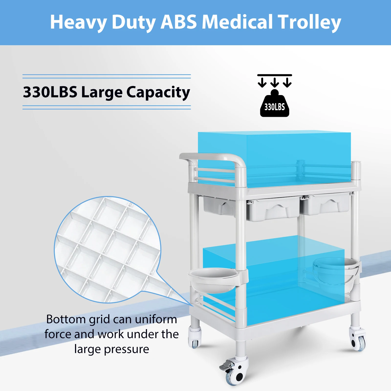 Mobile Trolley Cart, 2 Tier Heavy Duty Rolling Utility Cart with Dirt Bucket, 360° Rotate Wheels Medical Mobile Trolley Cart