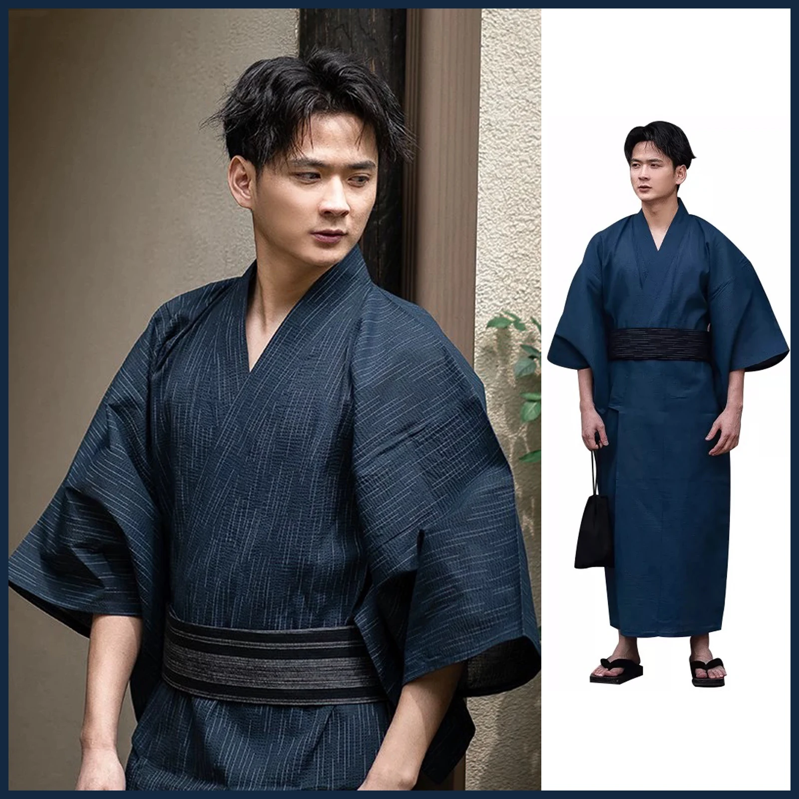 Japońskie tradycyjne kimono samurajskie dla mężczyzn Yukata szlafrok Hekoobi luźny styl Sauna nosić Homewear pas długa suknia bawełniana