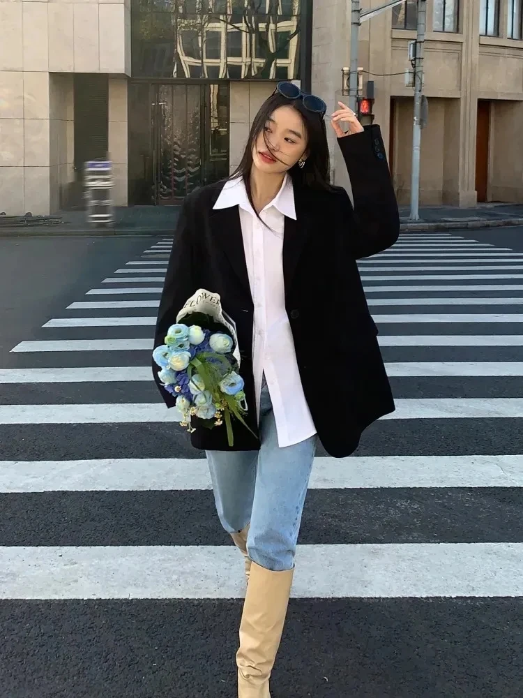 Frauen Schwarz Anzug Jacke Langarm Blazer Koreanische Mode Zurück Split Büro Blazer Damen Lose Mantel