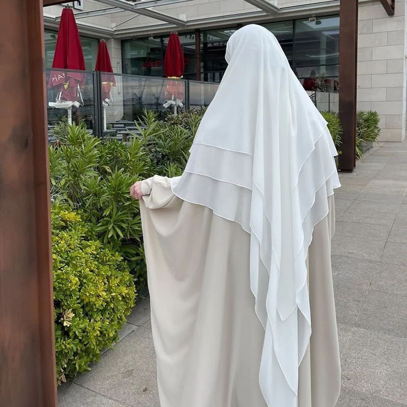 Três Camadas Chiffon Khimar com Cordas Niqab para Mulheres Muçulmanas, Vestuário de Oração Islâmica, Longo Hijab, Alta Qualidade, EID, Ramadã, Atacado