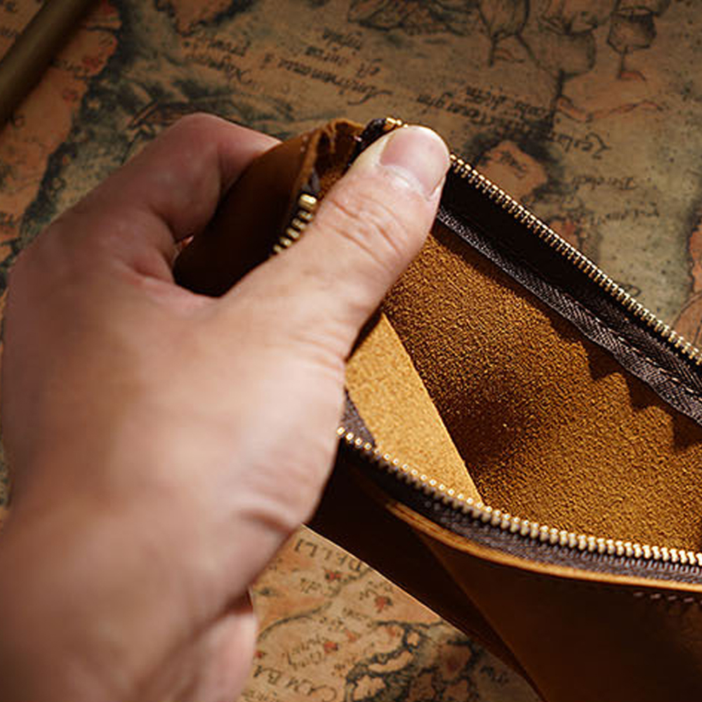 Vintage Genuine Leather Zippered Pencil Case Cowhide Stationery Organizer Pen Holder Writing Utensil Pouch Travel Accessory Bag
