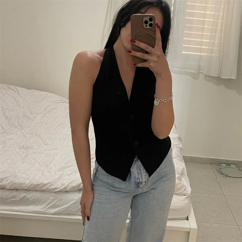 MUJER Schulterfreie ärmellose Weste für Damen, Schwarz, Weiß, abgeschnittene Weste, Damenmode, rückenfrei, V-Ausschnitt, kurze Mäntel, Sommerweste