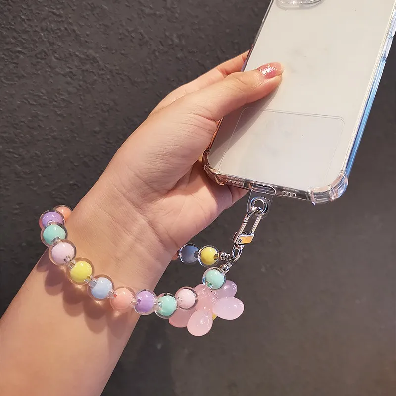 Cordón antipérdida para teléfono, colgante de muñeca corta con llave, colgante de cuentas redondas de macarrón colorido, cadena de mano para mujer, cordón para teléfono móvil
