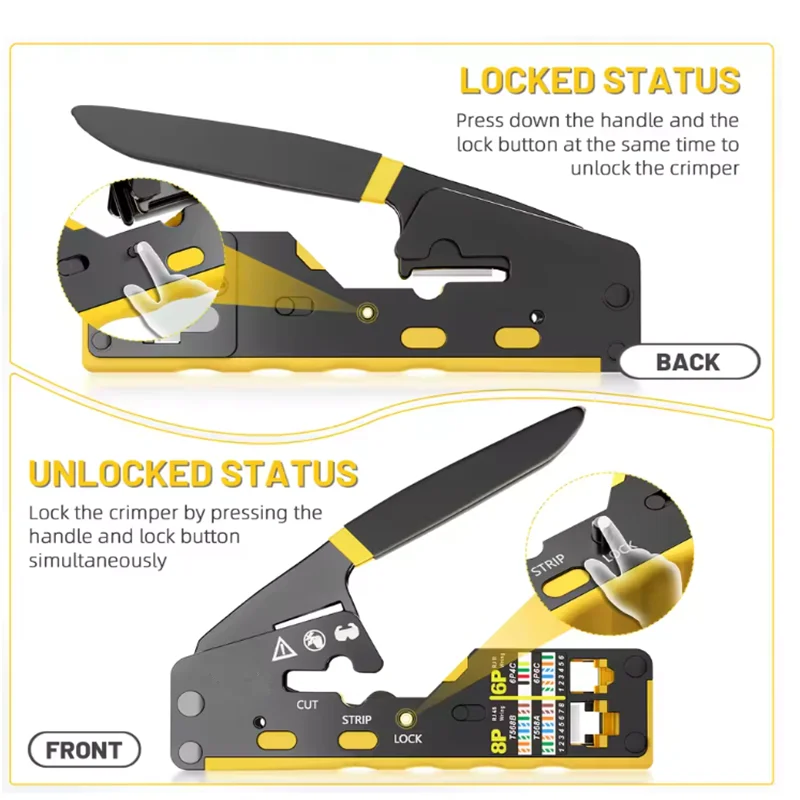 Straight RJ45 Crimping Tool Kit, Integrated Ethernet Crimper Cat7 Cat6 Cat5 Crimping Tool Ratchet Modular Data Cable Crimper