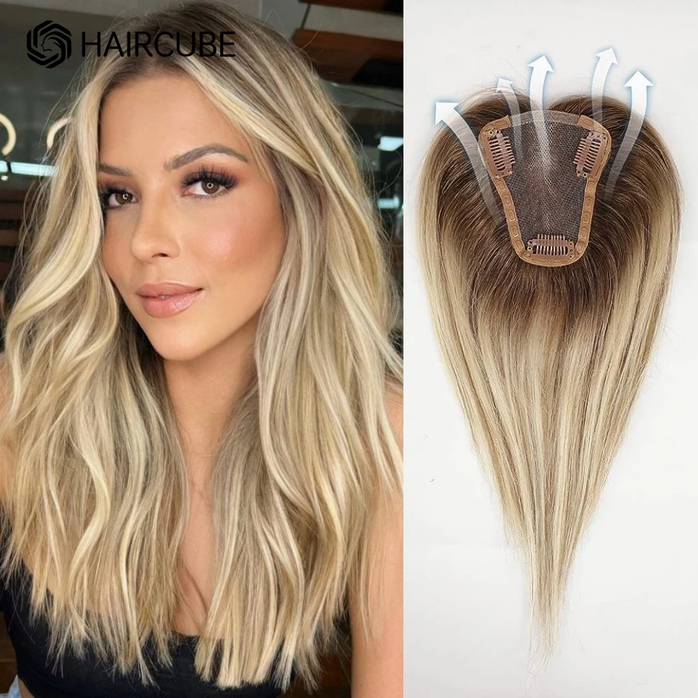 Haaraufsätze Mittelteil Damen Echthaar Topper mit Spitzenbasis Clip-in-Haarverlängerungen Blonde Balayage Braune Echthaarteile
