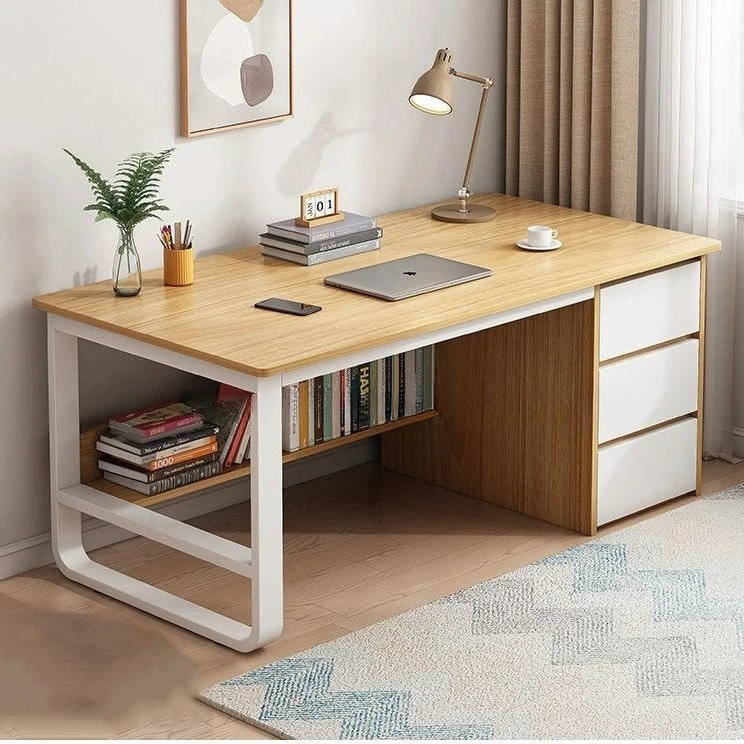 3-Drawer Computer Desk with Storage Shelf Modern Office Working Desk Minimalist Home Gaming Writing PC Table for Bedroom Study