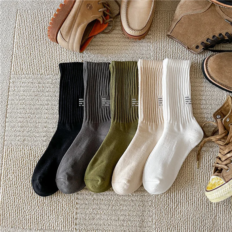 Calcetines de tubo medio con letras Vintage para hombre, calcetines deportivos gruesos sólidos japoneses, calcetines de punto con parte inferior de toalla para parejas