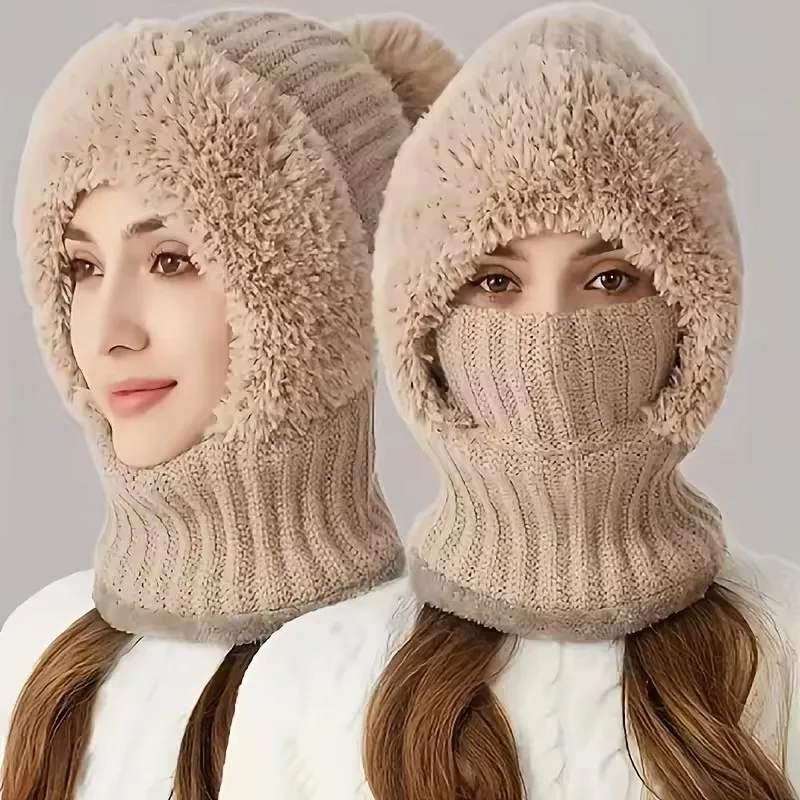 Inverno quente balaclava chapéu térmico tricô máscara facial de pelúcia com capuz pescoço mais quente para caminhadas ao ar livre ciclismo boné à prova de frio