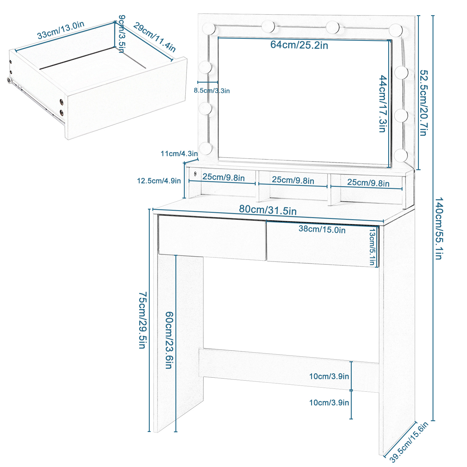 White Wooden Dressing Table Make up Cosmetic Table  with Adjustable LED Lighting Mirror vanity dresser for Gilrs  Women Bedroom