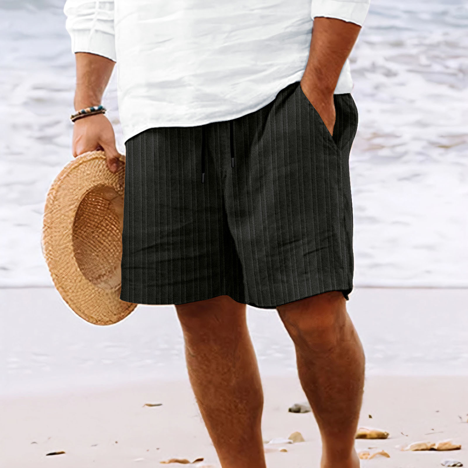 Pantalon de plage pour hommes, jacquard rayé, couleur unie, short avec cordon de serrage, sport décontracté, décontracté, décontracté, respirant, à la mode