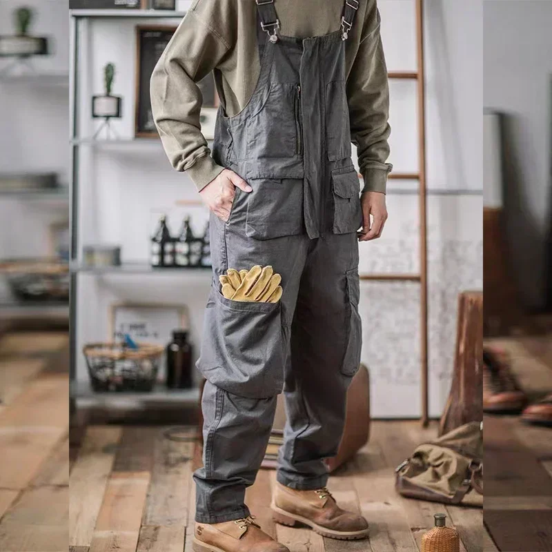 Monos de algodón Retro americano, Baberos, mono holgado para lavar, tirantes para hombre, pantalones holgados de longitud completa para las cuatro estaciones