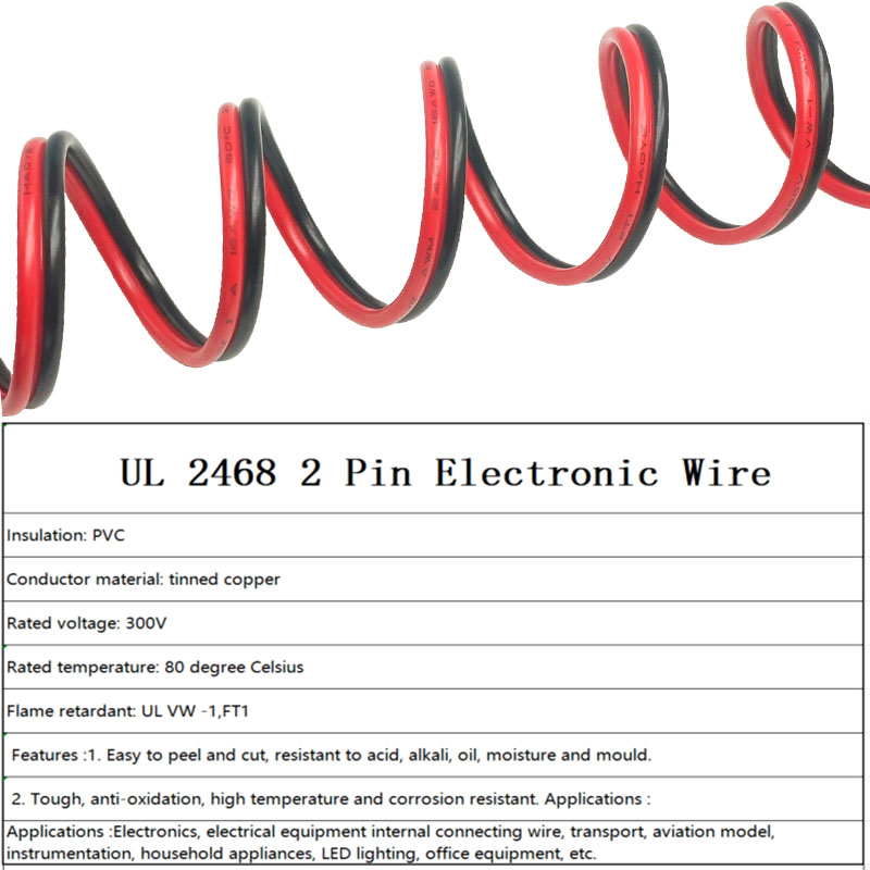 30awg-16awg Alambre de cobre estañado de 2 pines 80 ° C 300V PVC que conecta el cable de extensión flexible rojo y negro para luces de cinta LED
