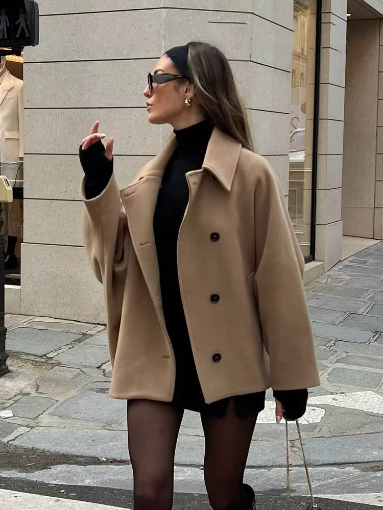 Damska kurtka na jesień i zimę, luźna, krótka, z klapami, długie rękawy, kieszenie, jednorzędowa, ozdobna, codzienna kurtka damska, jednolita góra.