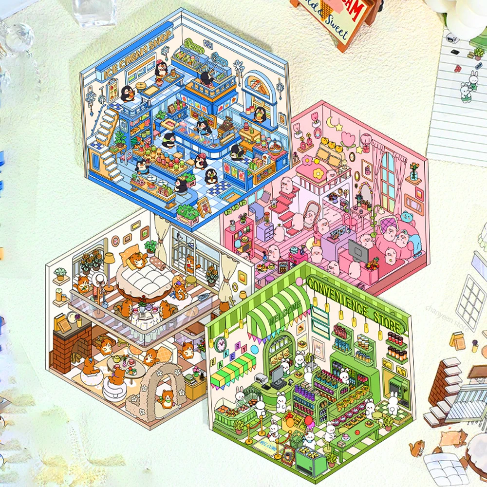 Kawaii 3D ภูมิทัศน์สติกเกอร์การ์ตูนฉากจิ๋วภาพซ้อนสติกเกอร์สามมิติของขวัญคริสต์มาสสําหรับเด็ก