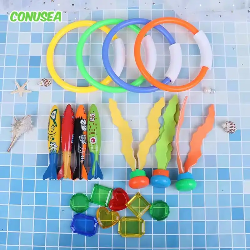 Schwimmen Pool Schatzsuche Tauchen Spielzeug Set Torpedo Fisch Wasser Ringe Pflanzen Delphin Boje Kinder Tauchen Spielzeug Geburtstag Geschenke