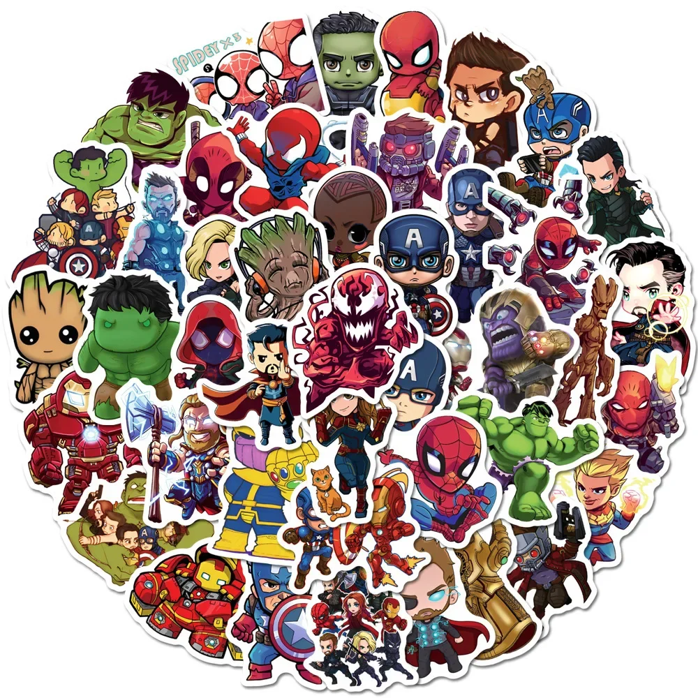 50/100/200 Uds. Marvel lindo Anime Los Vengadores pegatinas superhéroe portátil monopatín motocicleta pegatina impermeable juguetes para niños