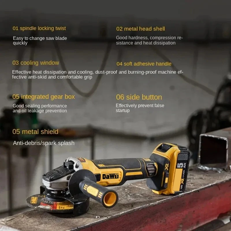 DaWei DCG405 Brushless 125mm Flat Head Angle Grinder Bare Machine Tool for DeWalt 18V Battery Pin Cutting Machine