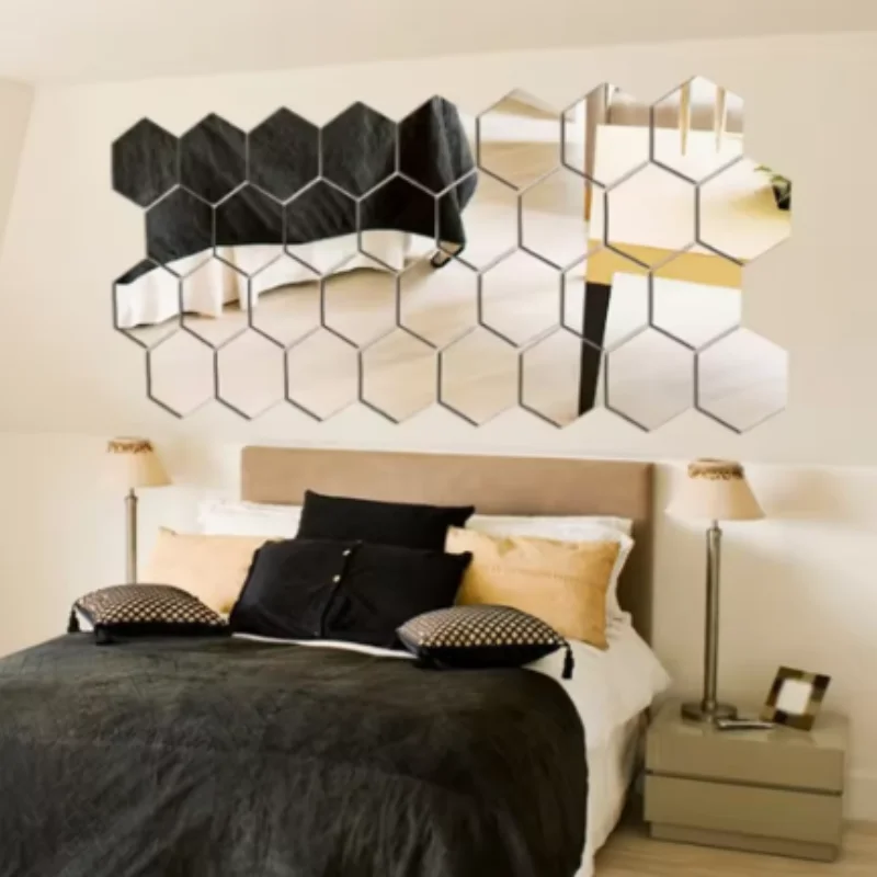 Adesivo de parede espelhado 45 peças, adesivo de arte de parede hexagonal, adesivo de azulejos decorativos domésticos DIY