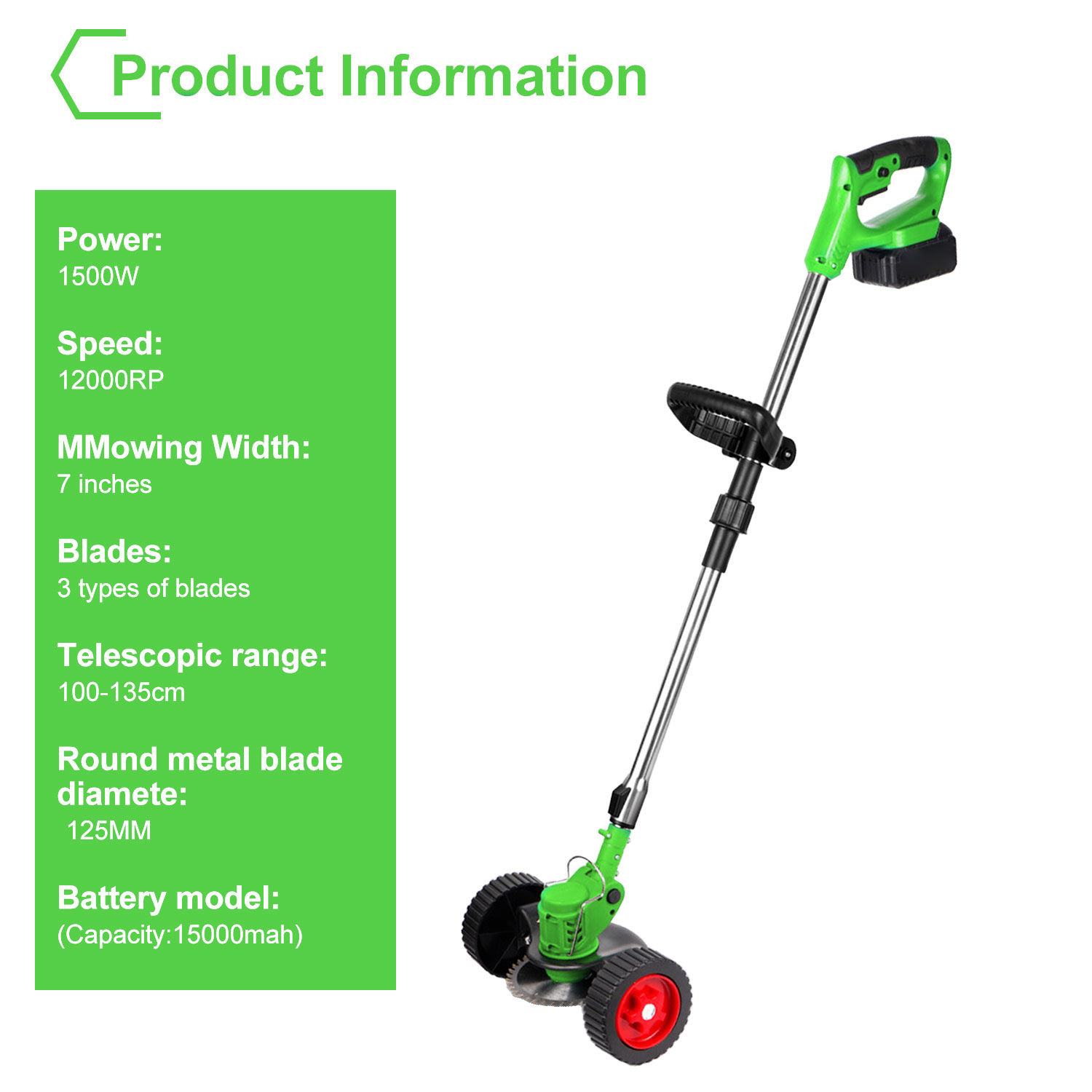 Cortadora de césped eléctrica inalámbrica de 1500W, cortadora de césped ajustable plegable de mano de 12000 RPM, herramienta de jardín para batería de 18-21V