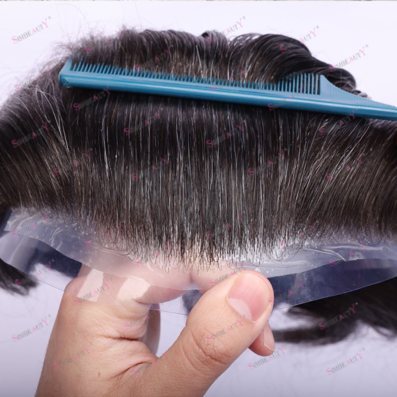 薄い 0.03 ミリメートルスキンメンズかつらナチュラルヘアライン男性レミーかつら Vlooped 100% 人毛交換システム白髪毛細管