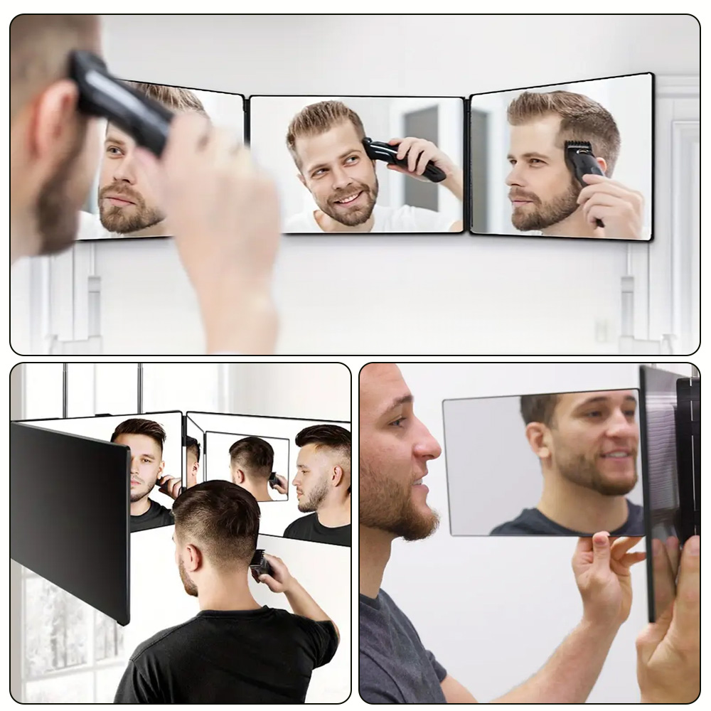Black Portable 360 Trifold Mirror Adjustable Height for Men and Women Self Hair Cutting Makeup Essential Fordable Vanity Mirror
