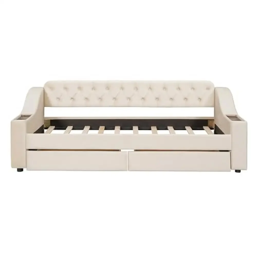 Twin Size Upholstered Daybed with USB Port Storage Drawers and Elegant Design