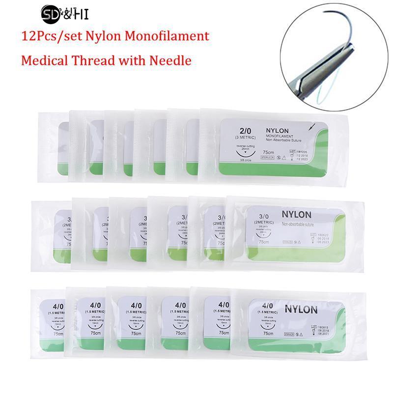 12 шт., 2/0, 3/0, 4/0, игольчатый шов, нейлоновый монофиламент, неповрежденный шов, медицинская нить, шов для быстрого использования