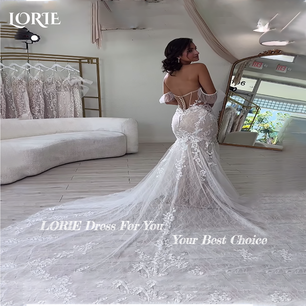 LORIE Boho Meerjungfrau Hochzeitskleid Spitze Applikationen Rückenfreies Bobycon Brautkleid Off-Shoulder Sweep Tail Brautkleider Maßgeschneidert