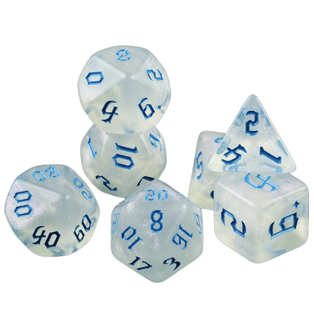 7 pièces/ensemble dés polyédriques effet paillettes dés de jeu mdn pour donjons et Dragons accessoires de jeu de société RPG, dés de jeux de rôle