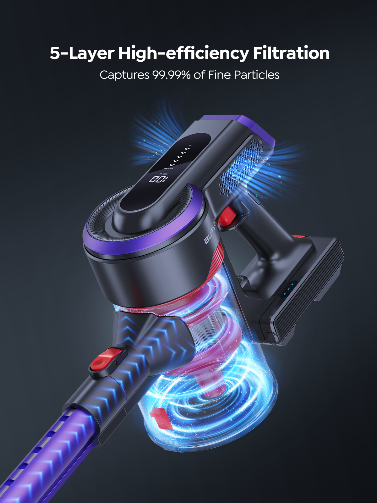 Aspirador sem fio Buture JR400 com tela sensível ao toque, eletrodoméstico inteligente portátil, tapetes e cabelos, 38000Pa, 450W, 55 Mins