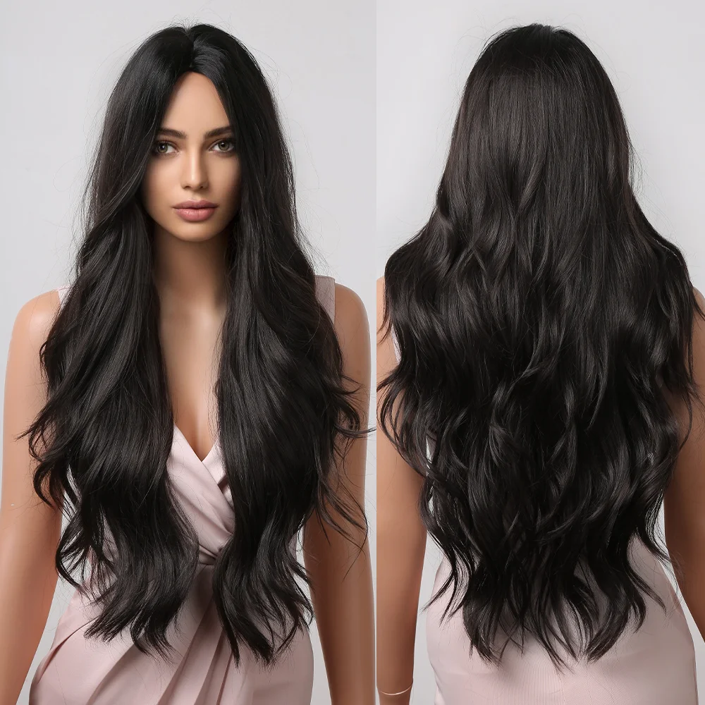 Perucas sintéticas longas e onduladas para mulheres negras, peruca marrom escura, natural, meio, ondulado, diário, cosplay, cabelo, resistente ao calor