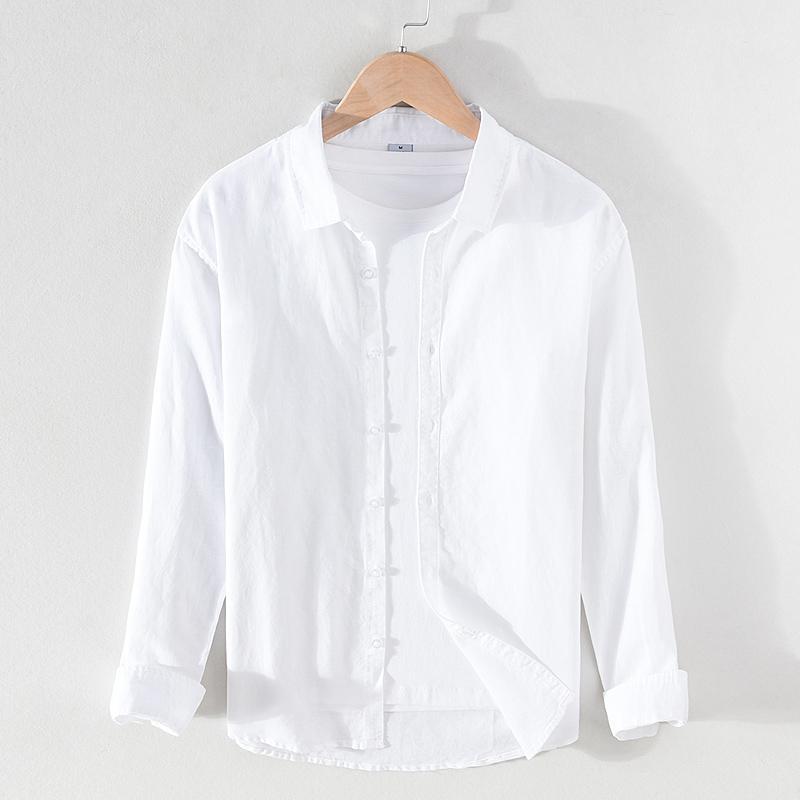 M-3XL Spring and Summer Stand Collar Plain Color Long-sleeve Vintage Men's Streetwear Single Breasted Linen Shirts