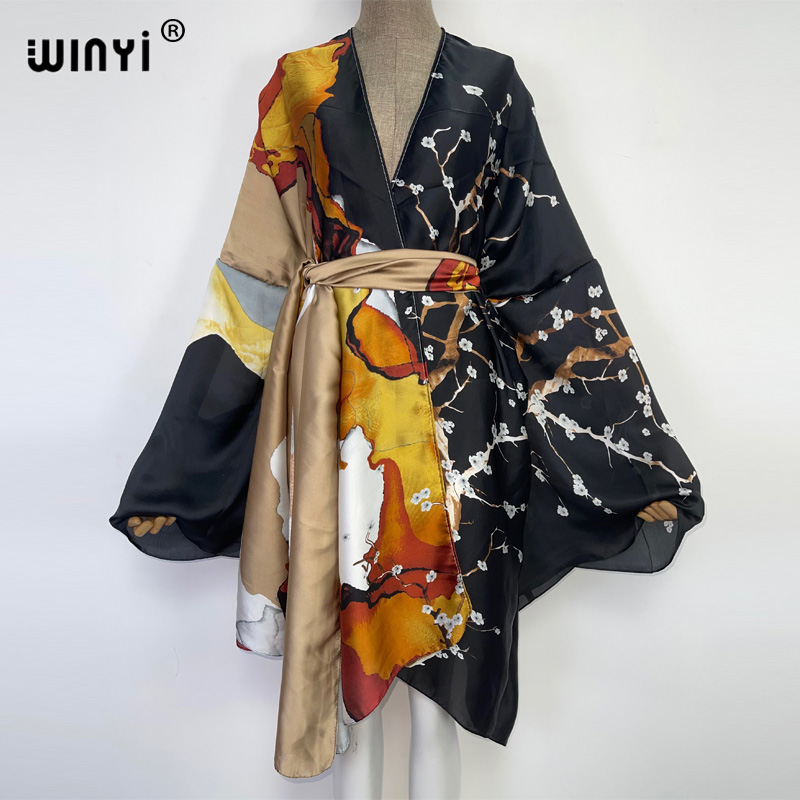 2022 WINYIฤดูร้อนชายหาดสวมชุดว่ายน้ําKaftan Sweet Lady Bohoเสื้อสเวตเตอร์ถักSelf Beltedเซ็กซี่วันหยุดแขนยาวKimono