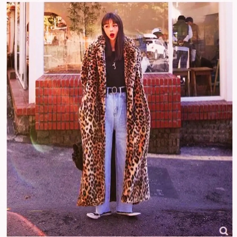 Женский Тренч из искусственного лисьего меха с леопардовым принтом, длинный утолщенный куртка-бомбер с отложным воротником, осенне-зимняя парка, кардиган