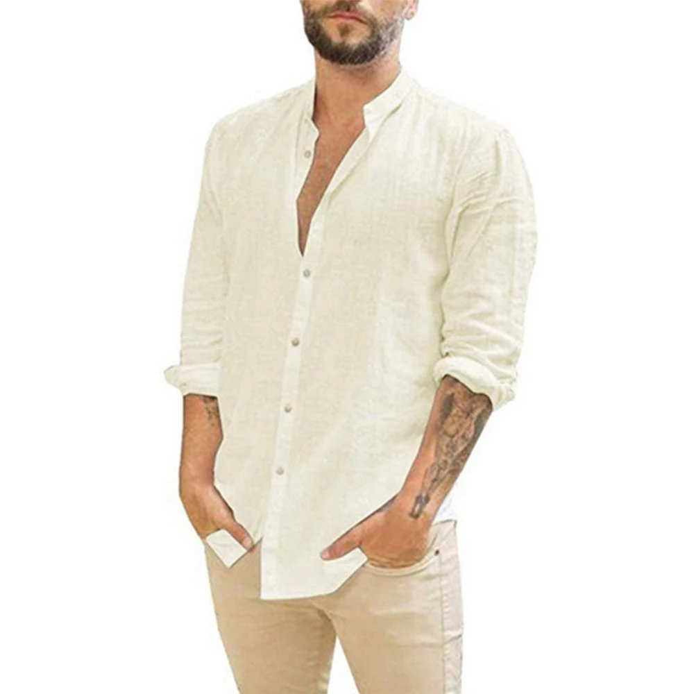 Camicie a maniche lunghe da uomo in lino di cotone vendita calda tinta unita estiva colletto rialzato stile spiaggia casual taglie forti