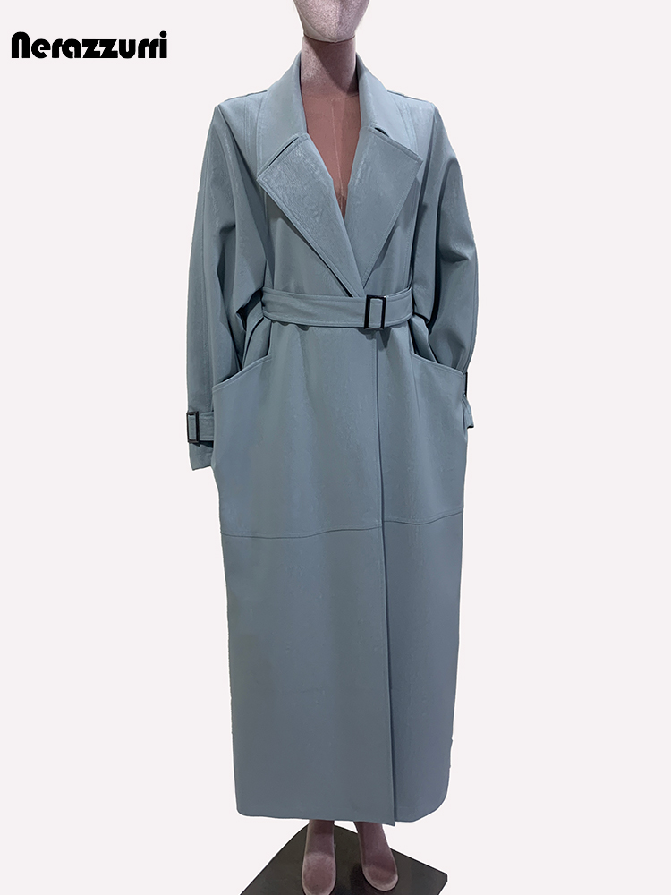 Nerazzurri Herbst Übergroßen Extra Lange Pu Leder Trenchcoat für Frauen Gürtel Lose Luxus Designer Kleidung Runway Fashion 2024