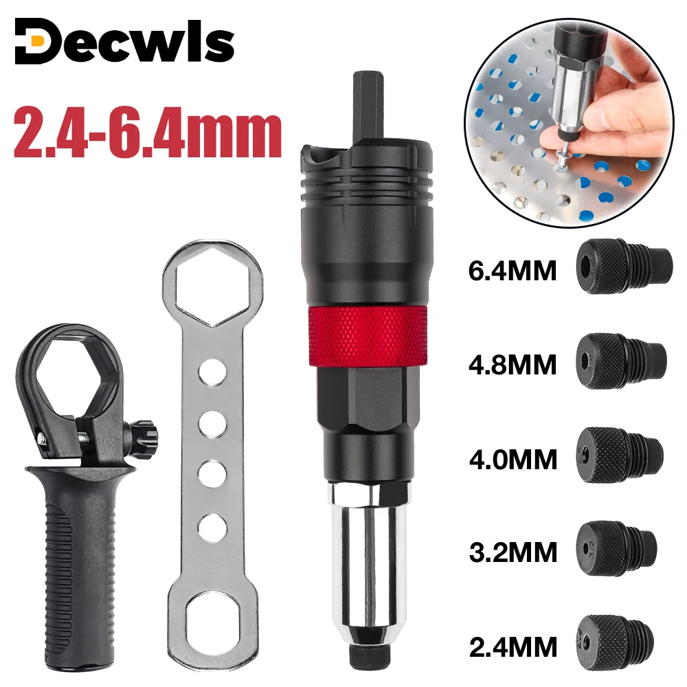 Adaptador de pistola de rebite elétrica de 2,4 / 3,2 / 4,0 / 4,8 / 6,4 mm Kit de rebitagem sem fio Arma de rebite automática com chave e alça adequada para ferramentas de rebitagem sem fio com furadeira elétrica