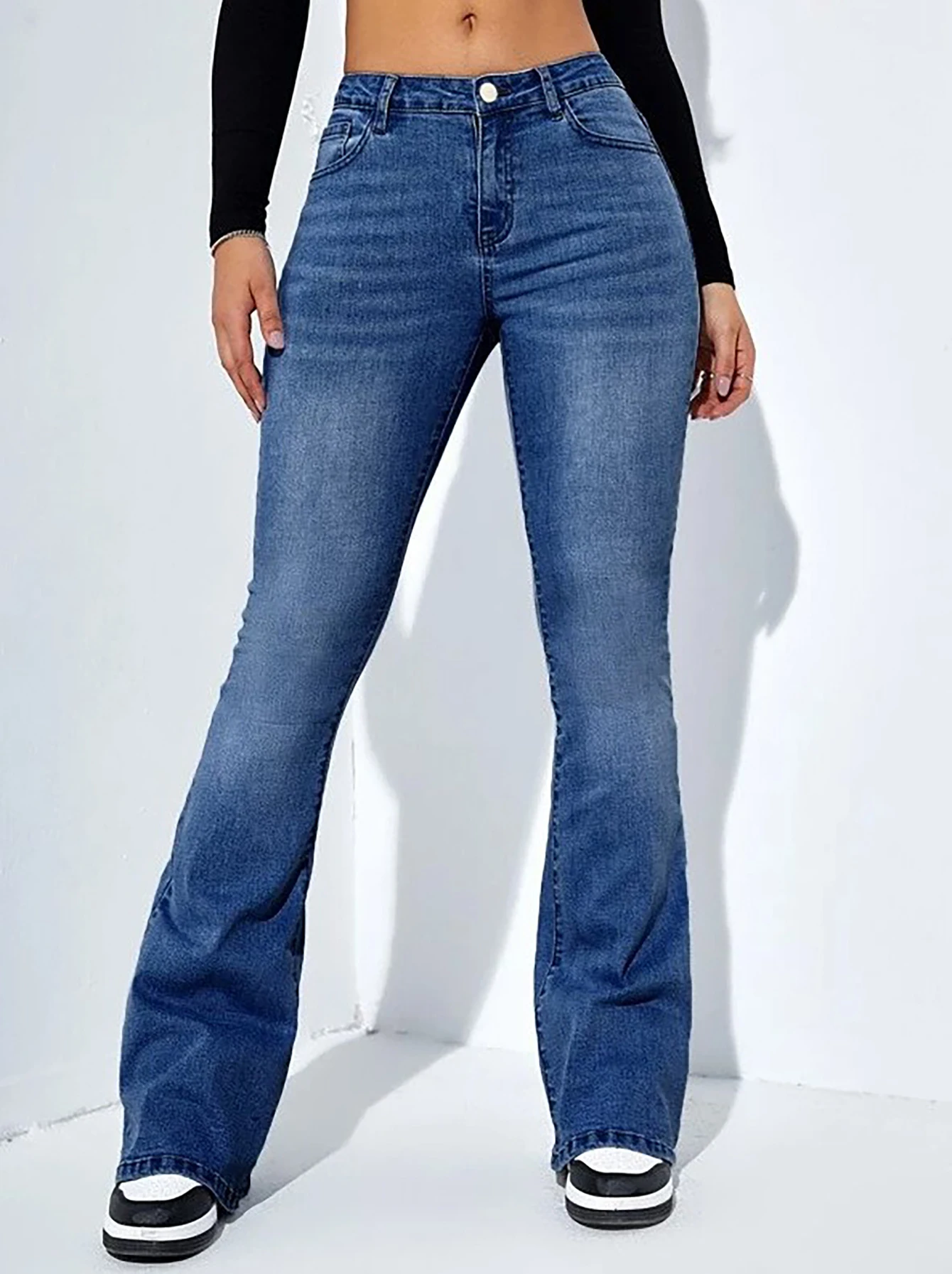 Damesjeans hoge taille stretch comfortabele uitlopende broek Denim broek