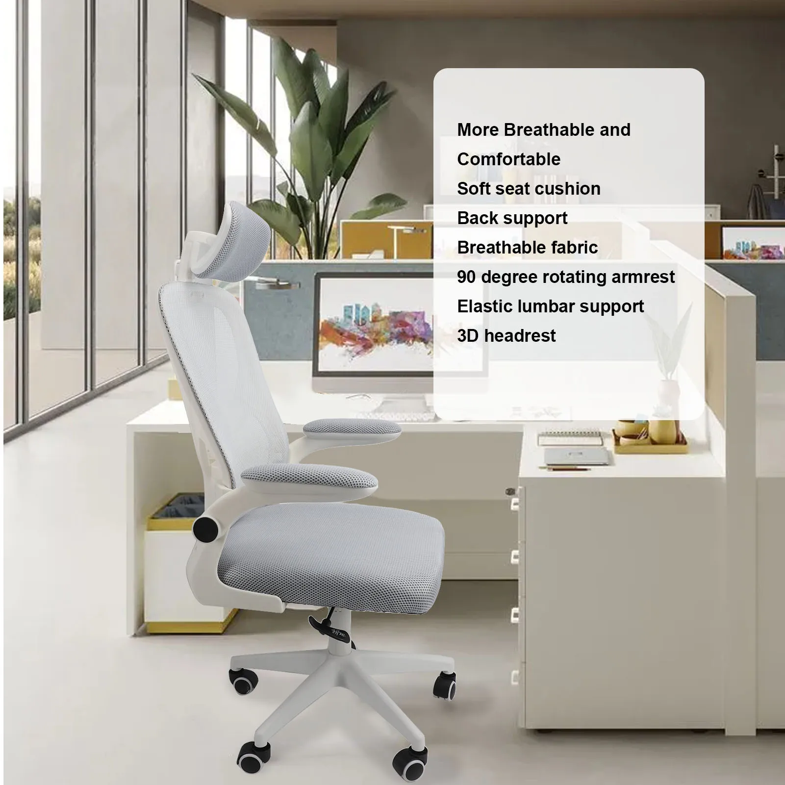 Office Chair Mesh High Back Desk Chair with Lumbar Support 3D Headrest 90 Degree Rotating Armrests Wheels Comfortable Gaming Cha