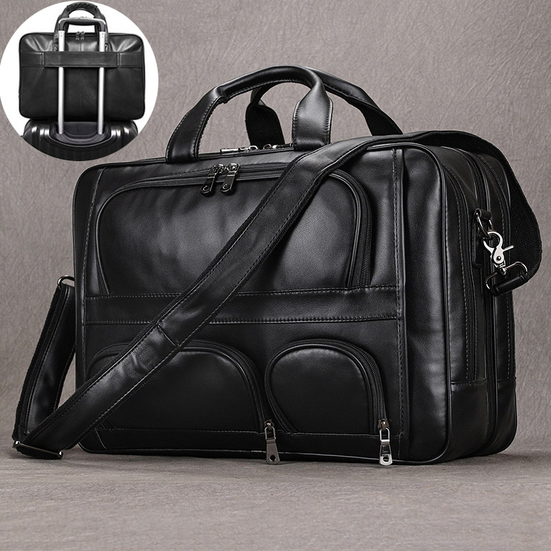 Maleta masculina de couro genuíno, bolsa para laptop, bolsa de ombro, couro macio, bolsa grande, preta, 17 ", para laptop de 17"