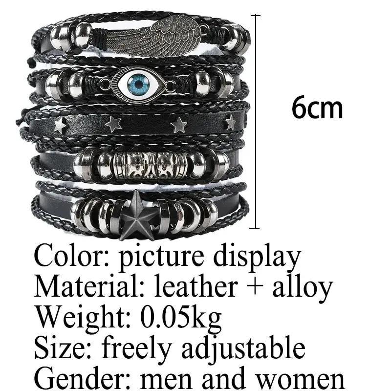 5 peças conjunto de pulseira estilo punk trançado com estrela de asa de mau olhado diy, com couro pu e contas