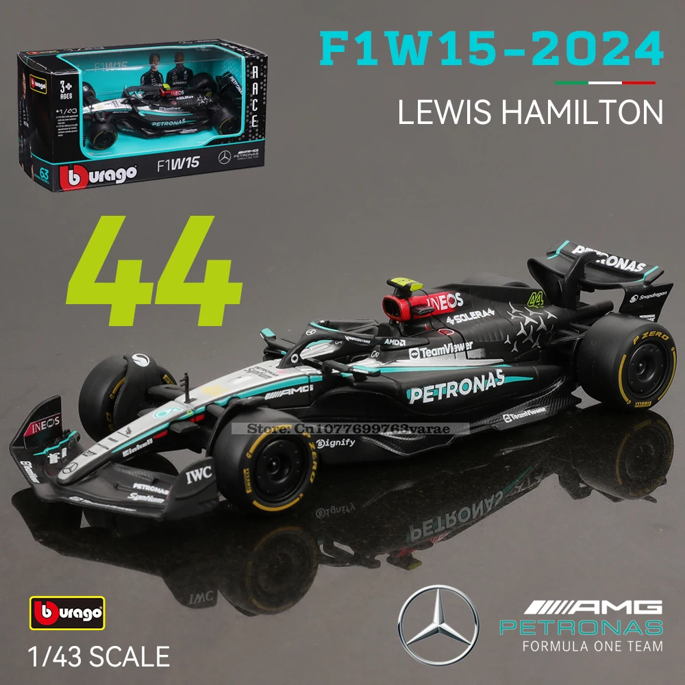 Bburago 1:43 Mercedes-AMG Petronas F1 Team W15 2024 # 44 Hamilton # 63 George Russell Odlew samochodowy ze stopu metali lekkich Model kolekcjonerski