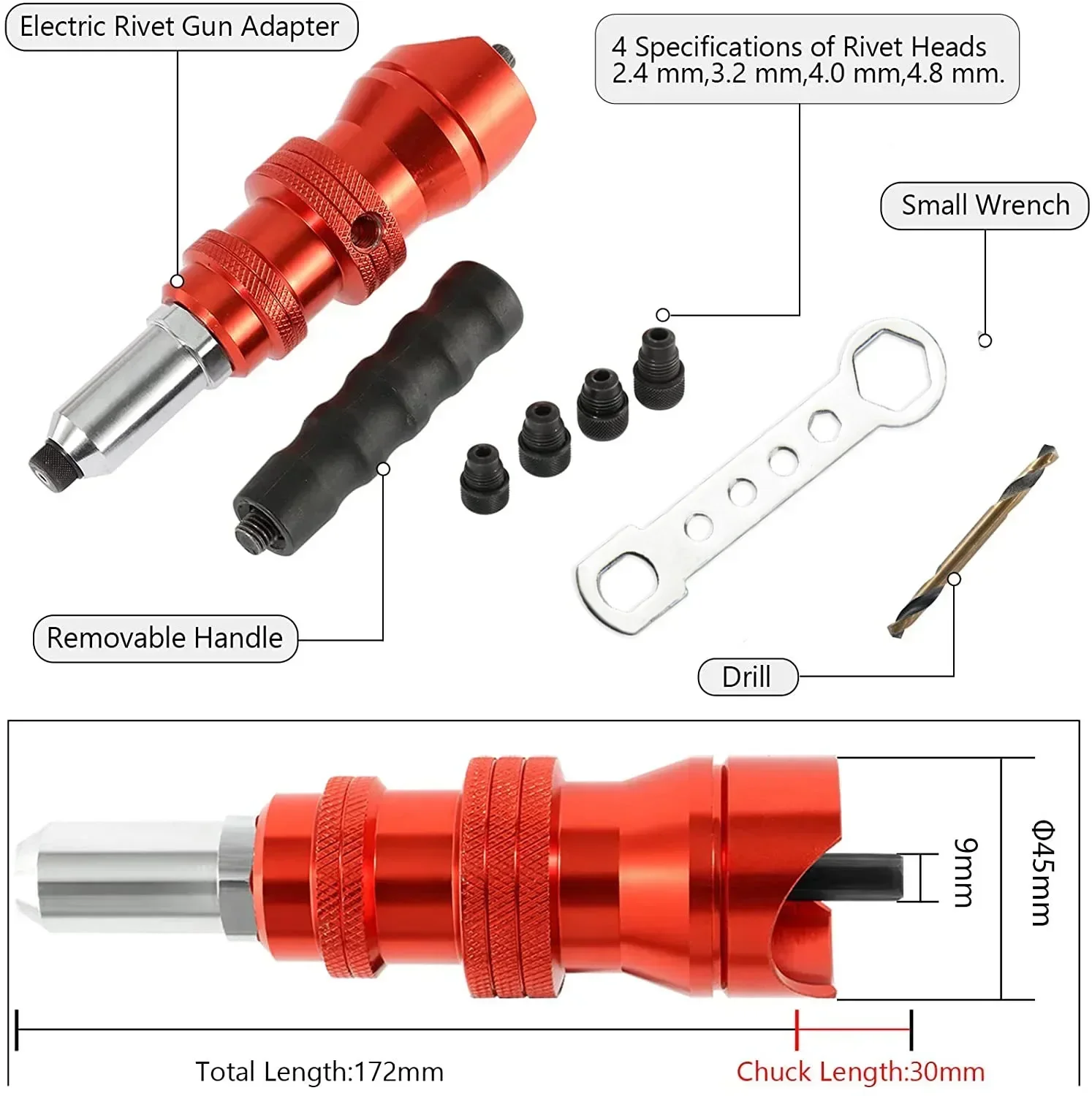 2.4mm-4.8mm Cordless Riveting Tool Rivet Nut Gun Insert Nut Pull Rivet Tool Riveter Guns Drill Adapter Electric Rivet Gun