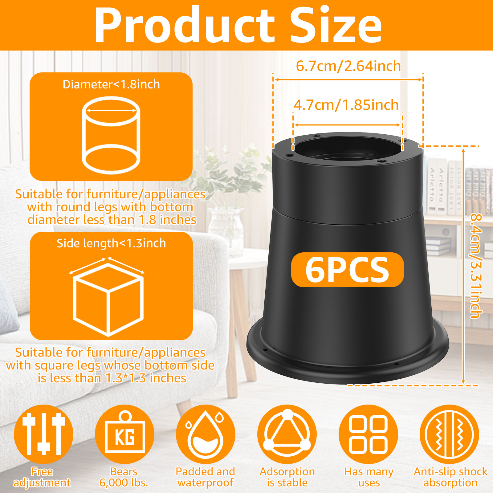 4/6Pcs Heavy Duty Furniture Riser Round Rubber Sofa Riser Supports Up to 6000 lbs for Sofa Table Bed Chair Bottom Leg Raiser